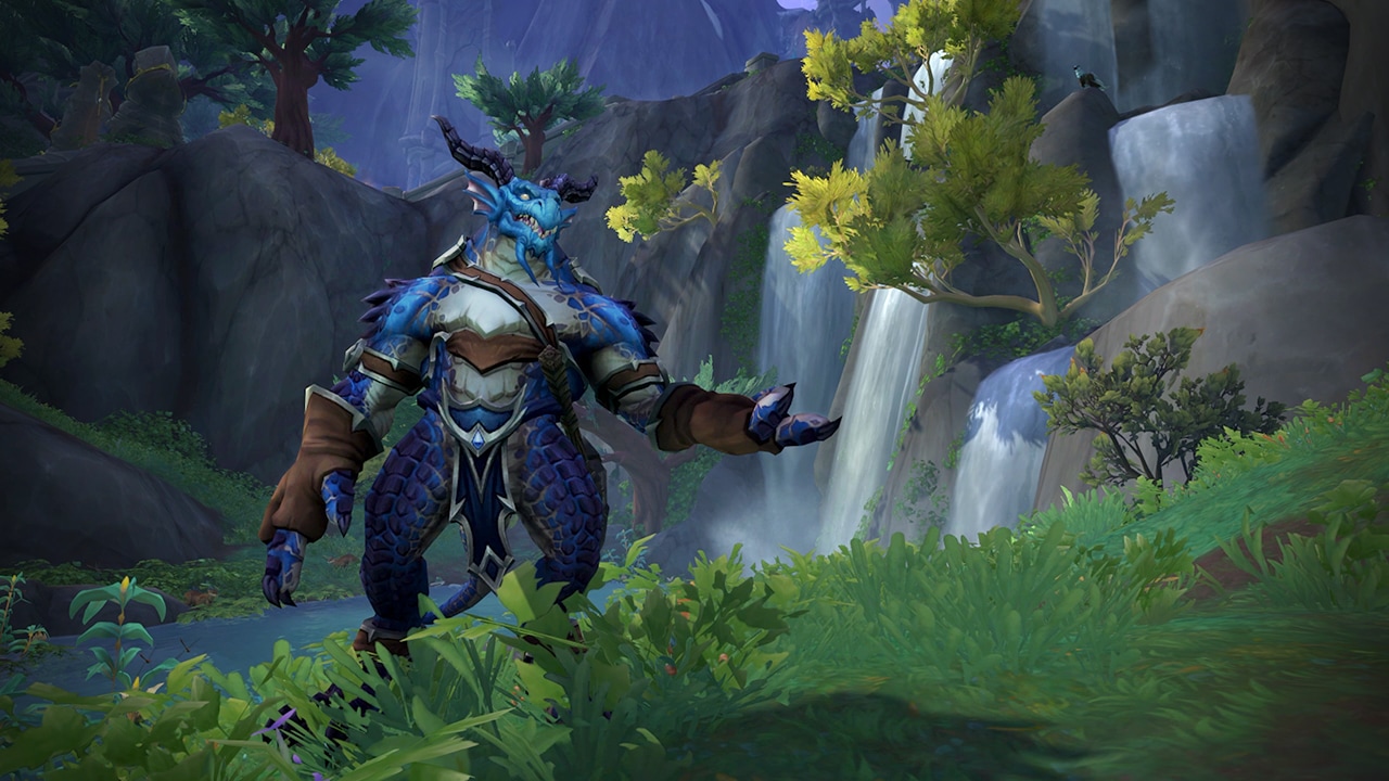 Drakonid Standing Near a Waterfall