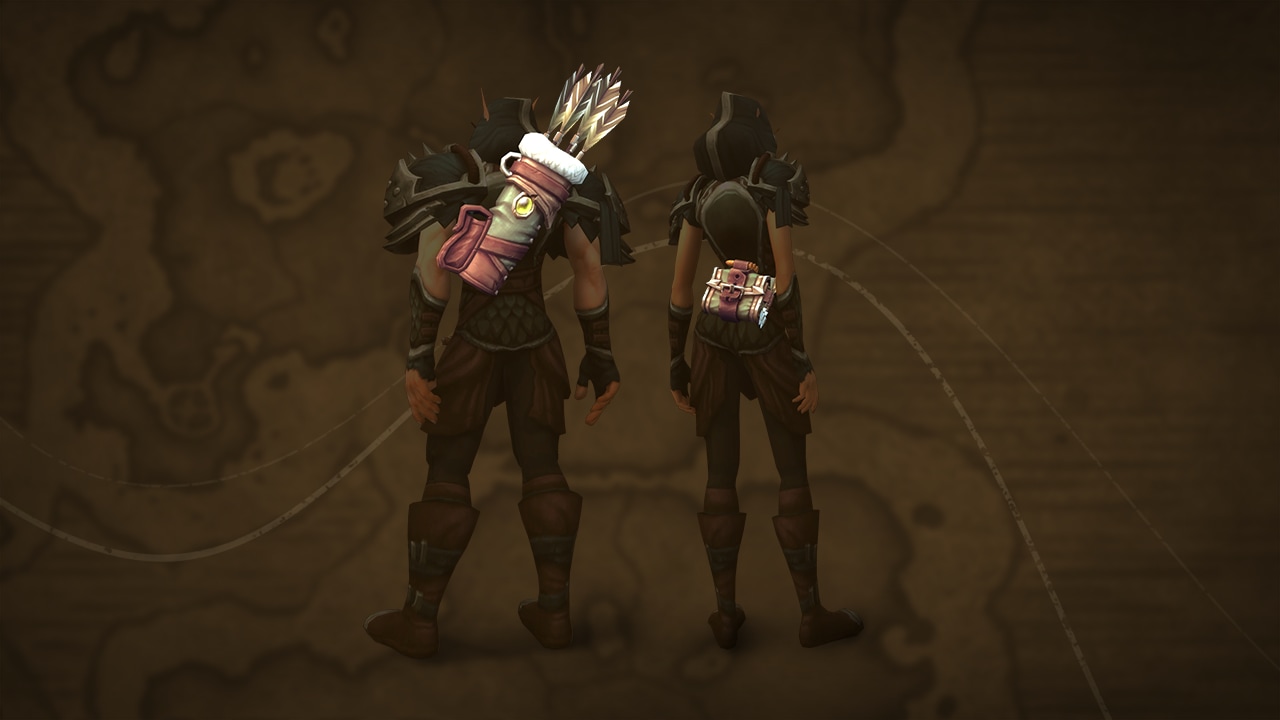 Set with quiver of arrows and backpack in light green, reddish tan, and white