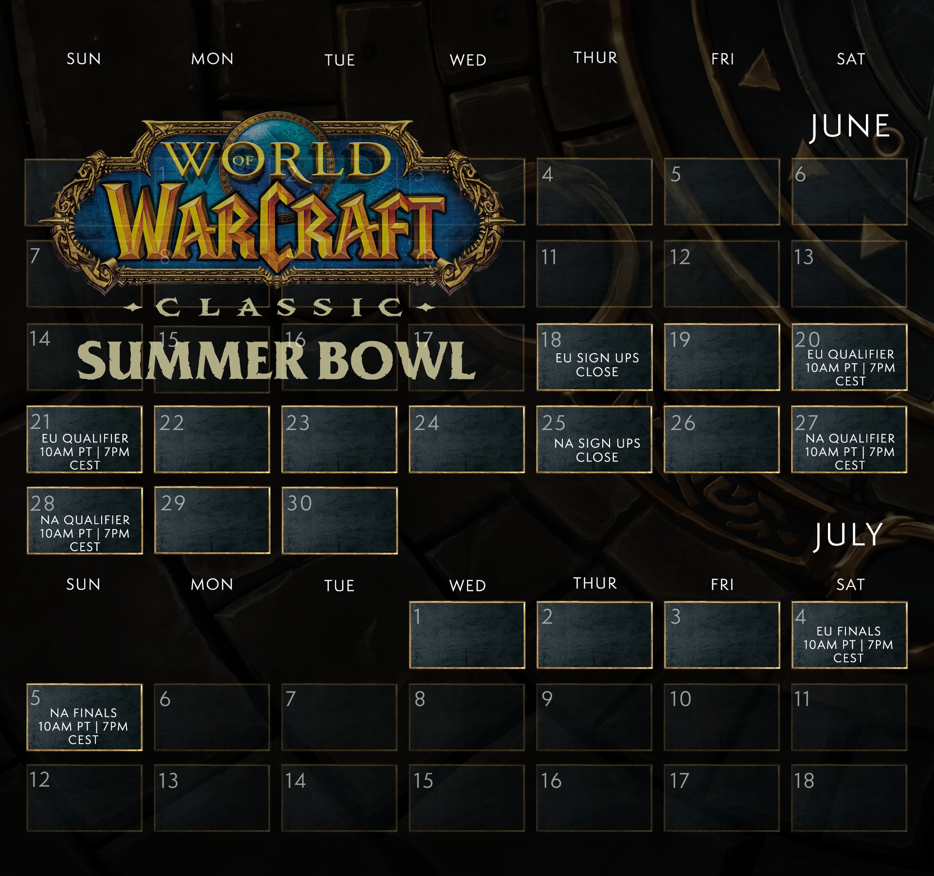 Schedule of the Summer Bowl: EU Sign ups close 6/18, EU Qualifiers 6/20-6/21, NA Sign ups close 6/25, NA Qualifiers 6/27-6/28, EU Finals 7/4, NA Finals 7/5