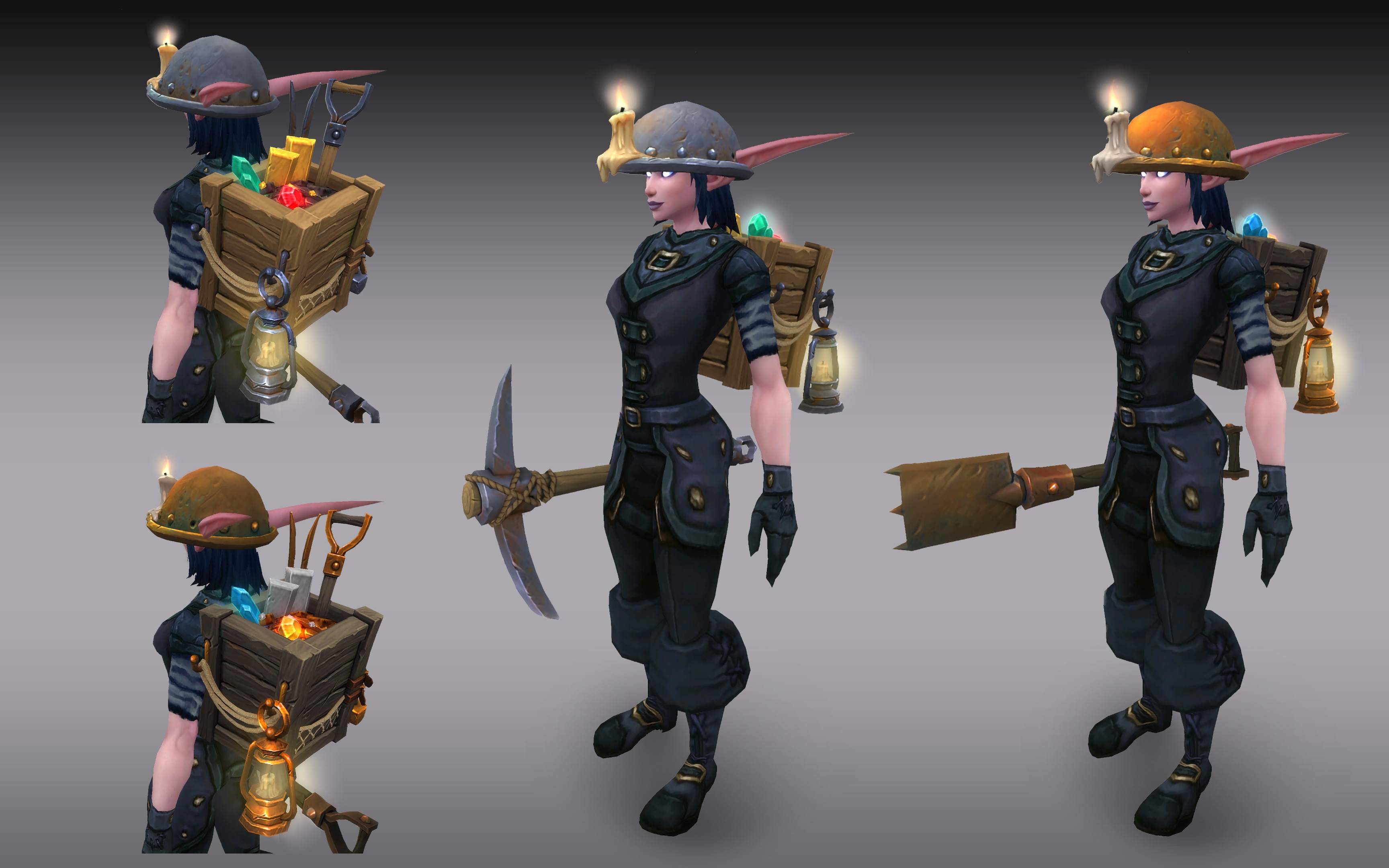 Two close-up shots of a night elf wearing the tool boxes on their back with lanterns attached (light brown box with steel lantern and dark brown box with copper lantern), while wearing steel and copper mining hats with melting candles on the front brim. Two full body images from the side of a night elf wearing the hard hats and one holding a pick axe and one holding a shovel.