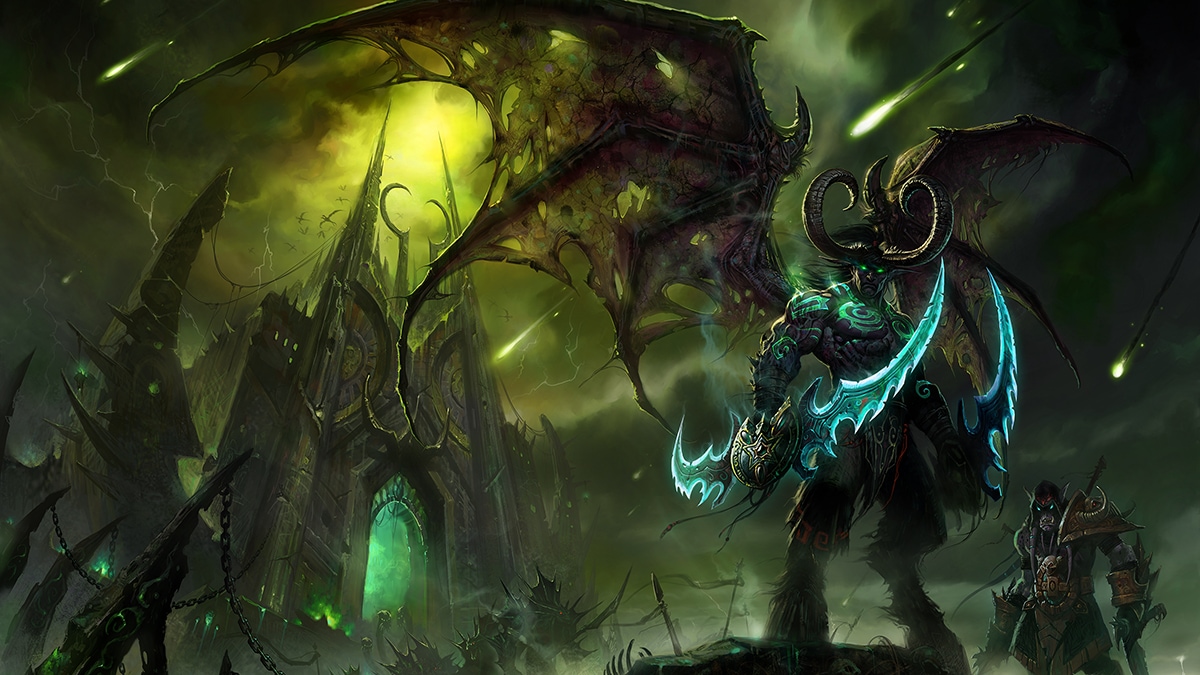 Illidan with Warglaives Standing in Front of the Black Temple with Akama